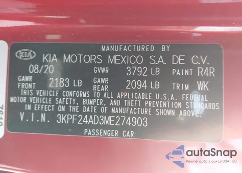 2021 Kia Forte Lxs from USA, damaged, VIN 3KPF24AD3ME274903
